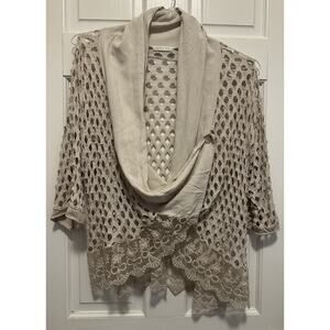 Made in Italy Crochet Lace Boho Top Ivory Cowl Neck Open Knit 3/4 Sleeve Medium